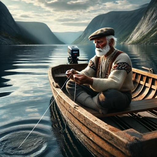 En gammel mann med hvitt hår og skjegg, iført en brun sikspens og gammeldagse ullklær, sitter i en liten jolle med påhengsmotor og fisker med snøre i en rolig fjord.