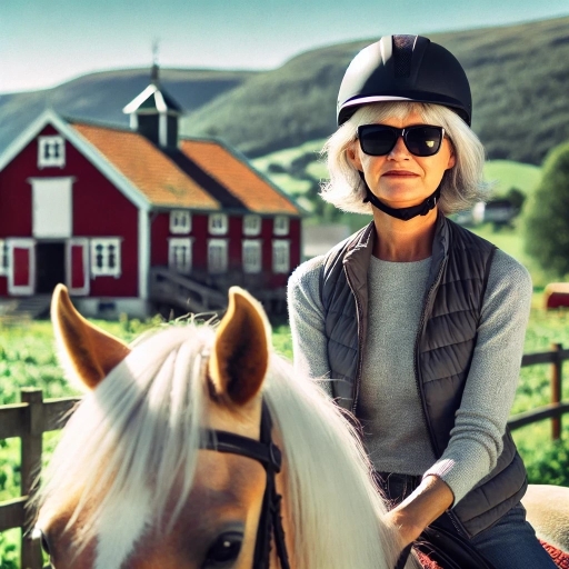 Hvit dame i 60-årene med en svart hjelm, middels langt hvitt hår, svarte solbriller, en mørk boblevest over en lysegrå genser og blå jeans. Hun rir på en lysebrun hest med hvit mane foran et brunt gjerde som skiller henne og et stort rødt hus med jorder rundt. I bakgrunnen er det åpent landskap, skog og fjell.