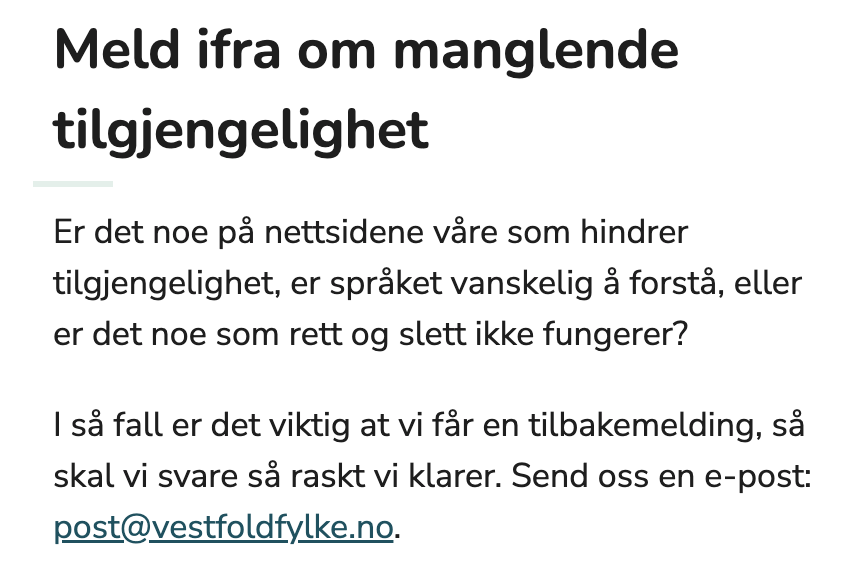 Oppfordring om å melde fra per epost om mangel på universell utforming